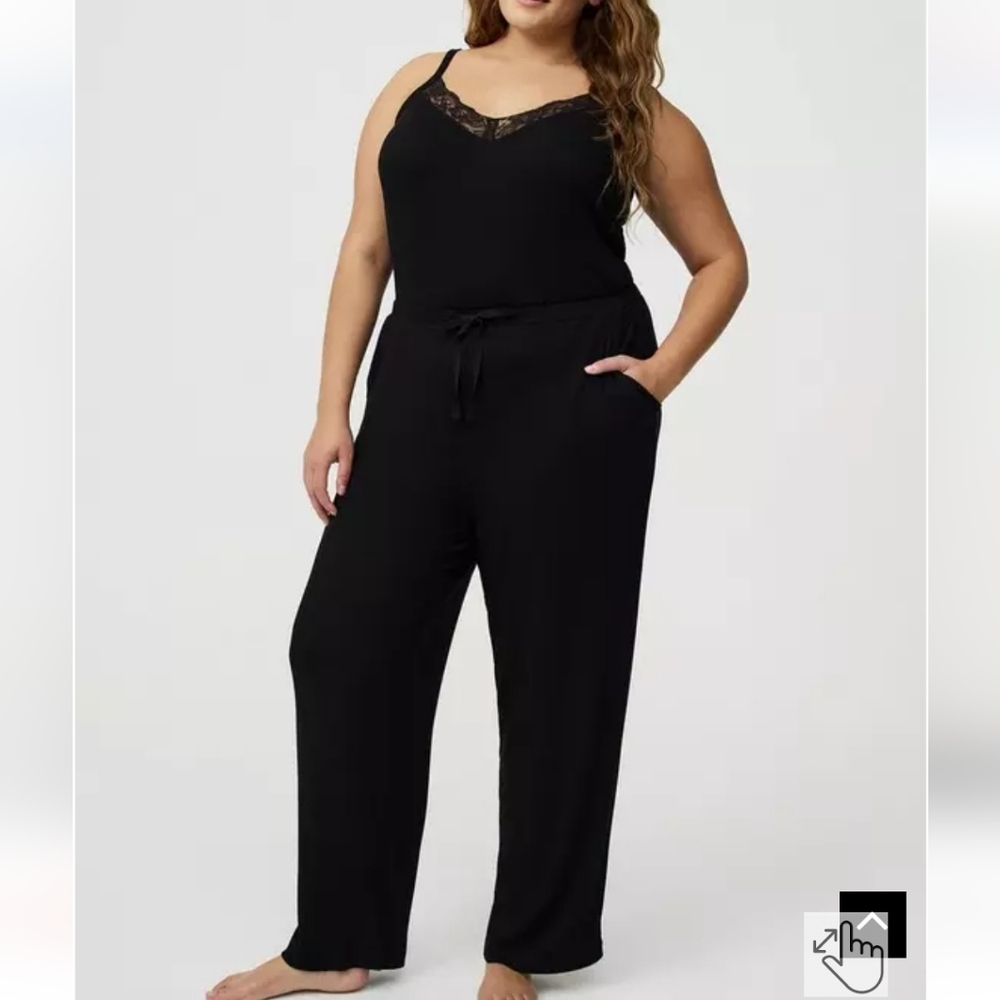 🆕️ 2X SUPER SOFT PLUSH RIBBED LOUNGE JUMPSUIT / PJ'S WITH LACE - BLACK